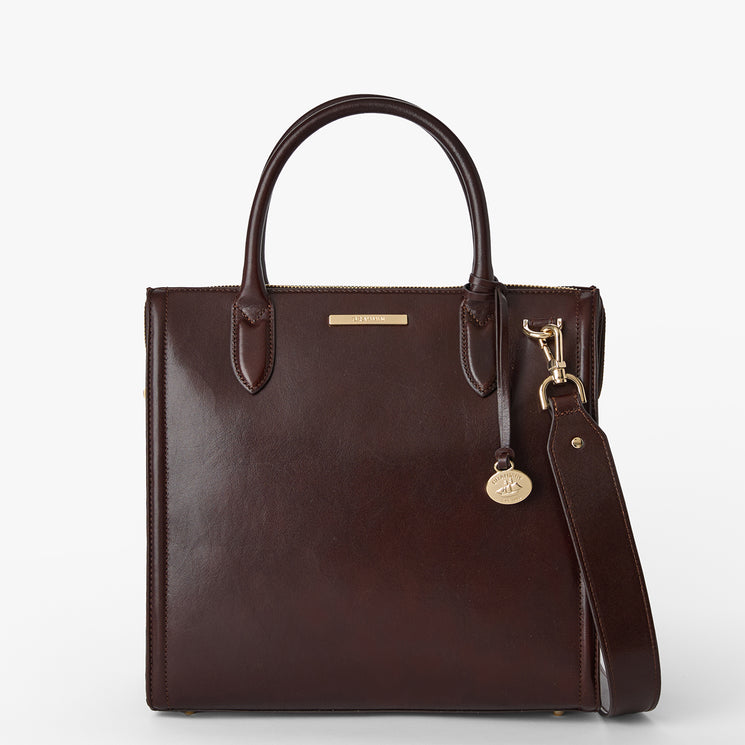 Brahmin dark brown structured handbag with two top handles, detachable shoulder strap, gold-tone hardware, front gold nameplate and charm. Rectangular silhouette with a smooth finish. Front angle product image.