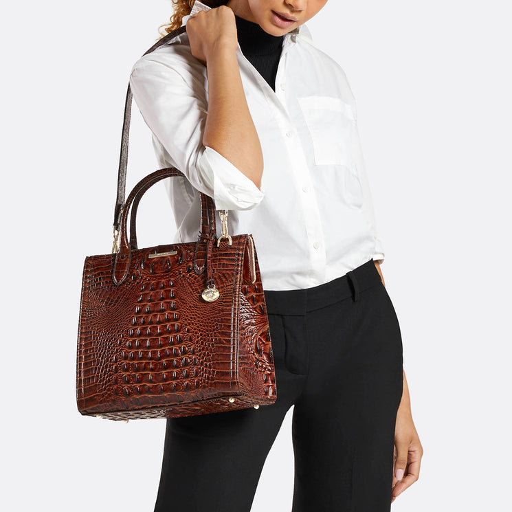Caroline Pecan Brown Melbourne on model shoulder