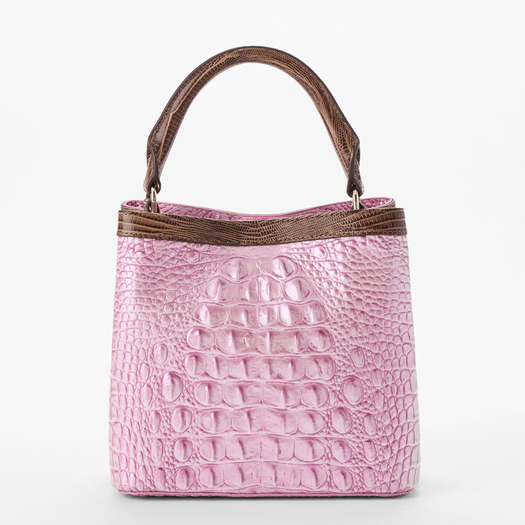 Brahmin pink satchel handbag with embossed texture, brown handles and trim, structured silhouette, gold-tone hardware, displayed on white background.