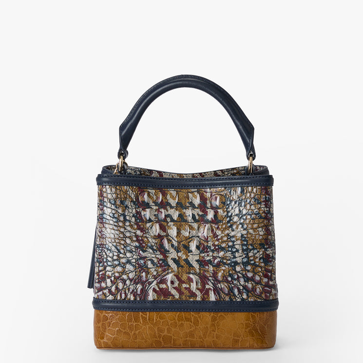 Multicolored textured Mini Amelia handbag with a brown base on a white background. Back view.