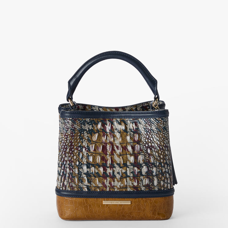 Multicolored textured Mini Amelia handbag with a brown base on a white background. Front view.