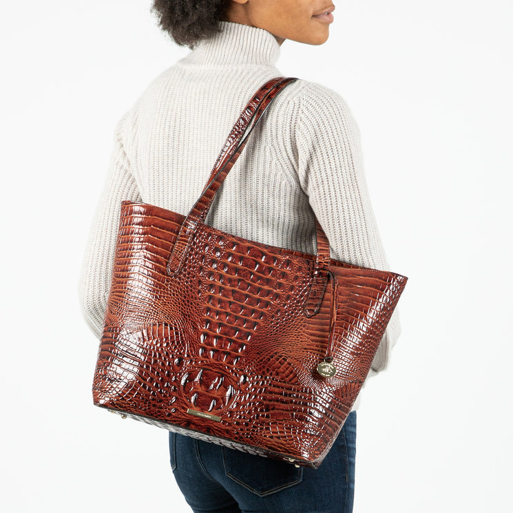 Pecan Melbourne Brooke Tote Being Worn by Model Over the Shoulder
