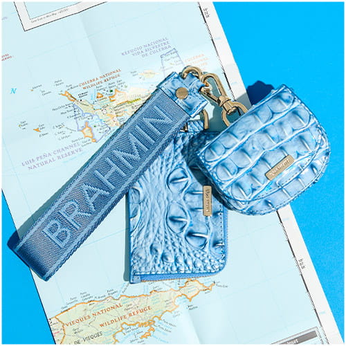 Blue crocodile-embossed leather card case and mini pouch with logo strap, styled on an open map.