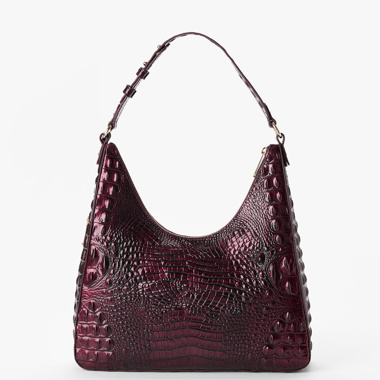 A dark burgundy crocodile-embossed leather shoulder bag with a single top handle, photographed against a clean white background. Back view.