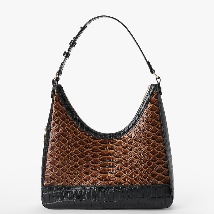 A hobo-style shoulder bag with a brown and black mixed reptile-embossed pattern, featuring a single shoulder strap and gold-tone hardware, shown against a plain white background.