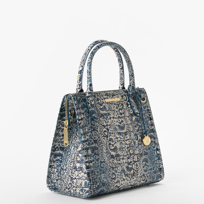 Blue Filigree Melbourne Small Caroline Satchel Side View 
