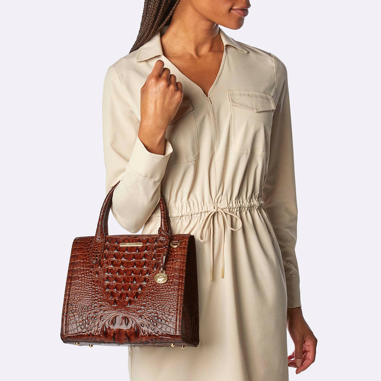 Pecan Melbourne Small Caroline Satchel Being Worn By Model On the Arm