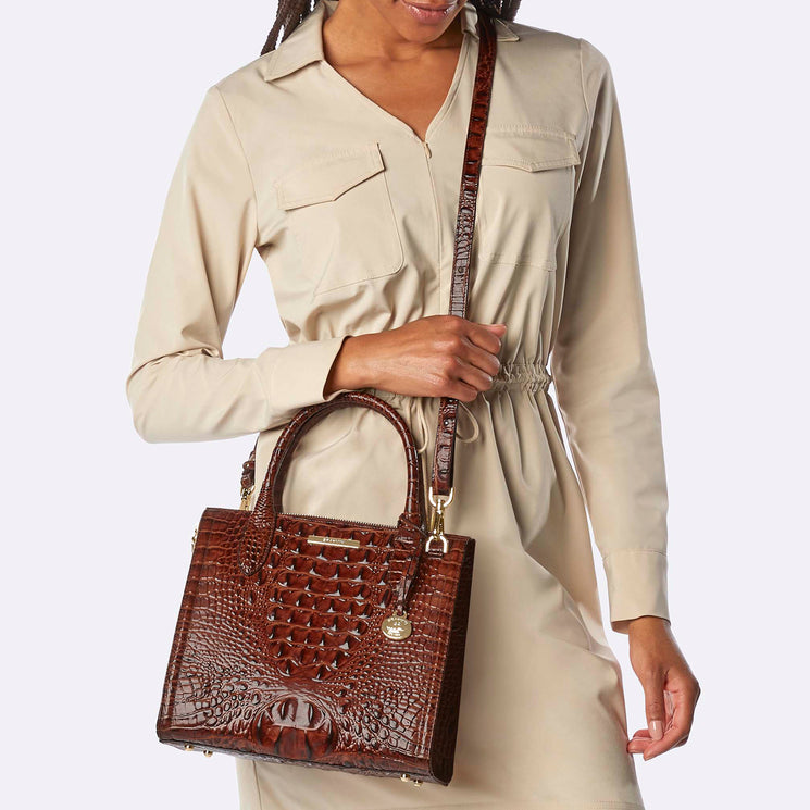Pecan Melbourne Small Caroline Satchel Being Worn By Model across the her body