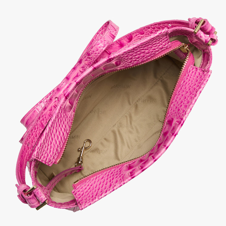 Pink textured Hillary handbag with open top on a white background open top view