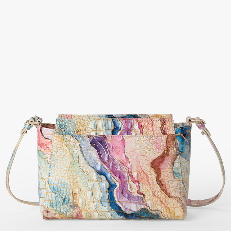 Multicolored marble-patterned handbag on a white background. Hillary back view.