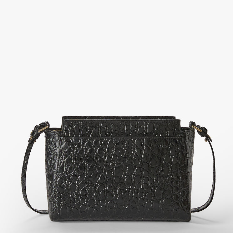 Black and beige crossbody bag on a white background. Hillary back view.