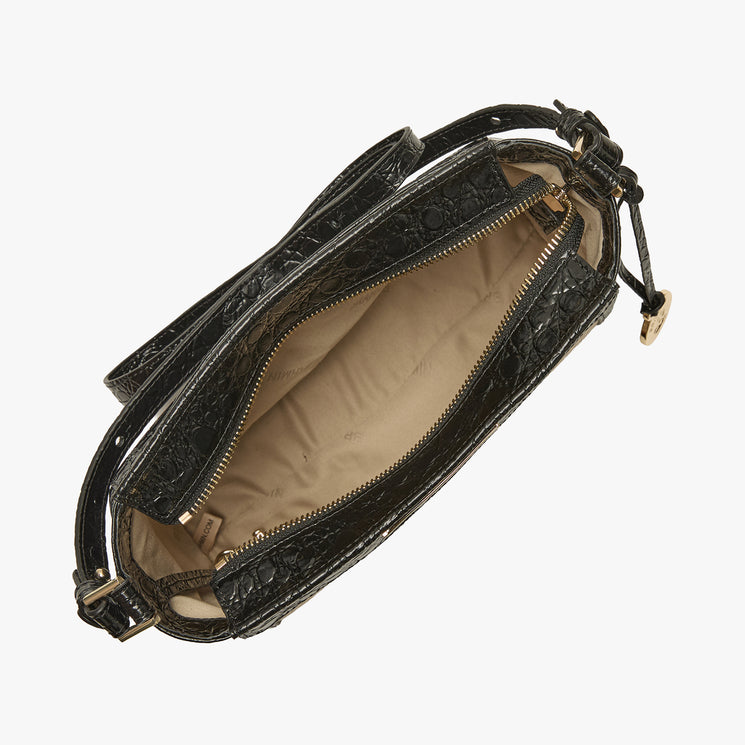 Black and beige crossbody bag on a white background. Hillary open top view.