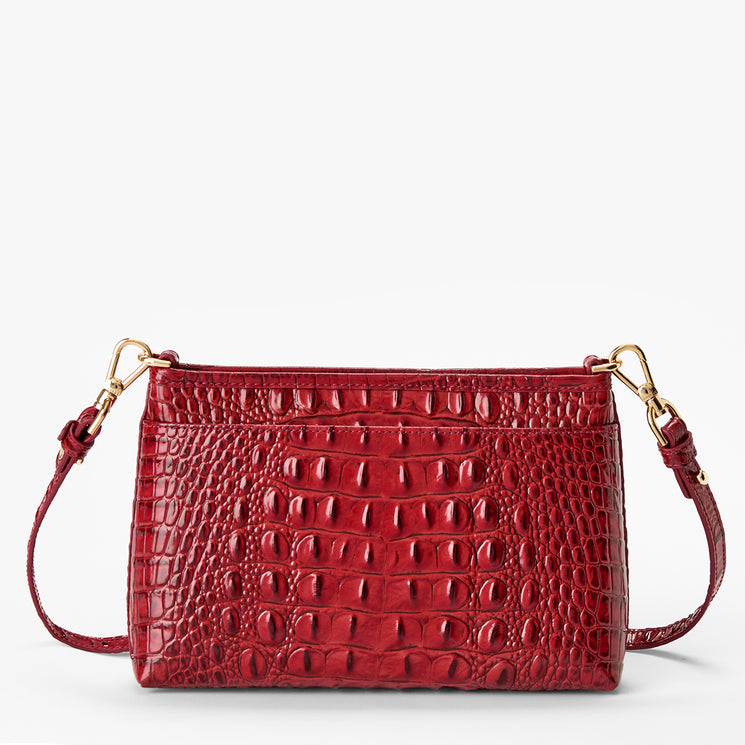 Volcanic Red Melbourne croc textured handbag on a light gray background. Vida back view.
