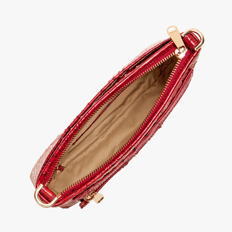 Volcanic Red Melbourne croc textured handbag on a light gray background. Vida open view.