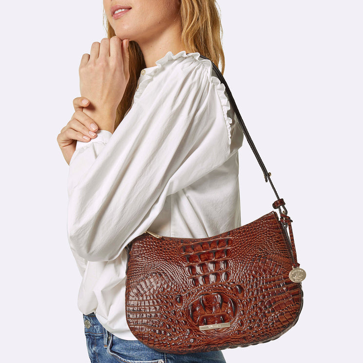 Pecan Melbourne Shayna Crossbody Being Worn Over the Shoulder