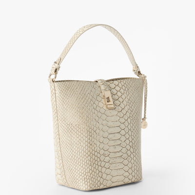 Oyster Grey All Over Snake Shira Bucket Bag Side View 