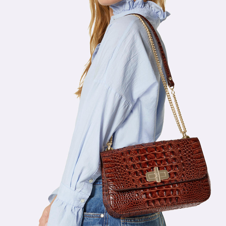 Pecan Melbourne Rosalie Crossbody Being worn by model Over the Shoulder
