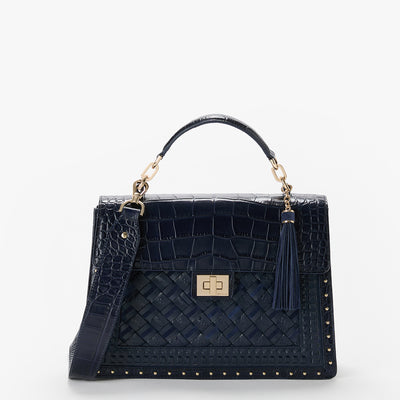 Navy Alamere Hallie Satchel Front View with Strap 