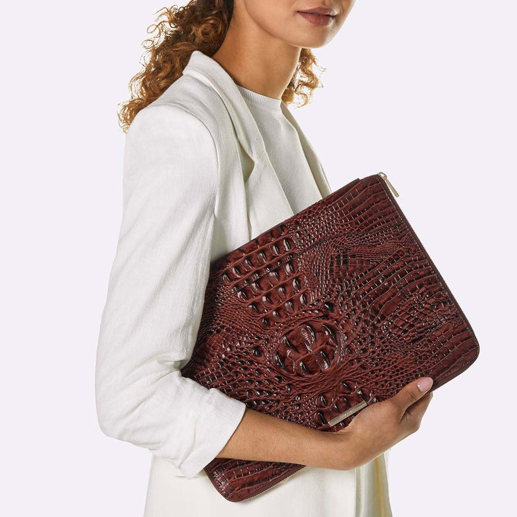 Pecan Melbourne Landon Portfolio Front View On Model In Hand