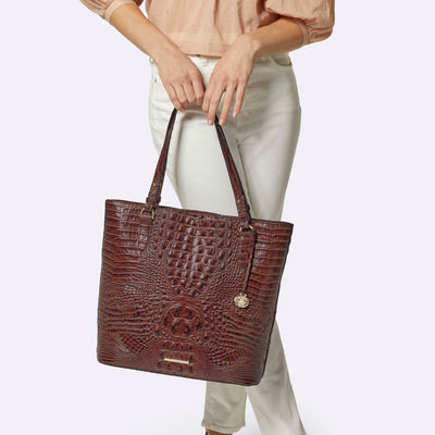 Pecan Melbourne Ezra Tote Being Held by Model
