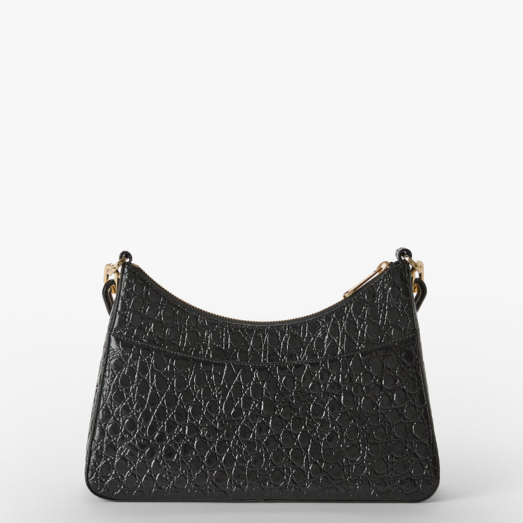 Handbag with black and beige croc pattern on a white background. Mod Esme back view.