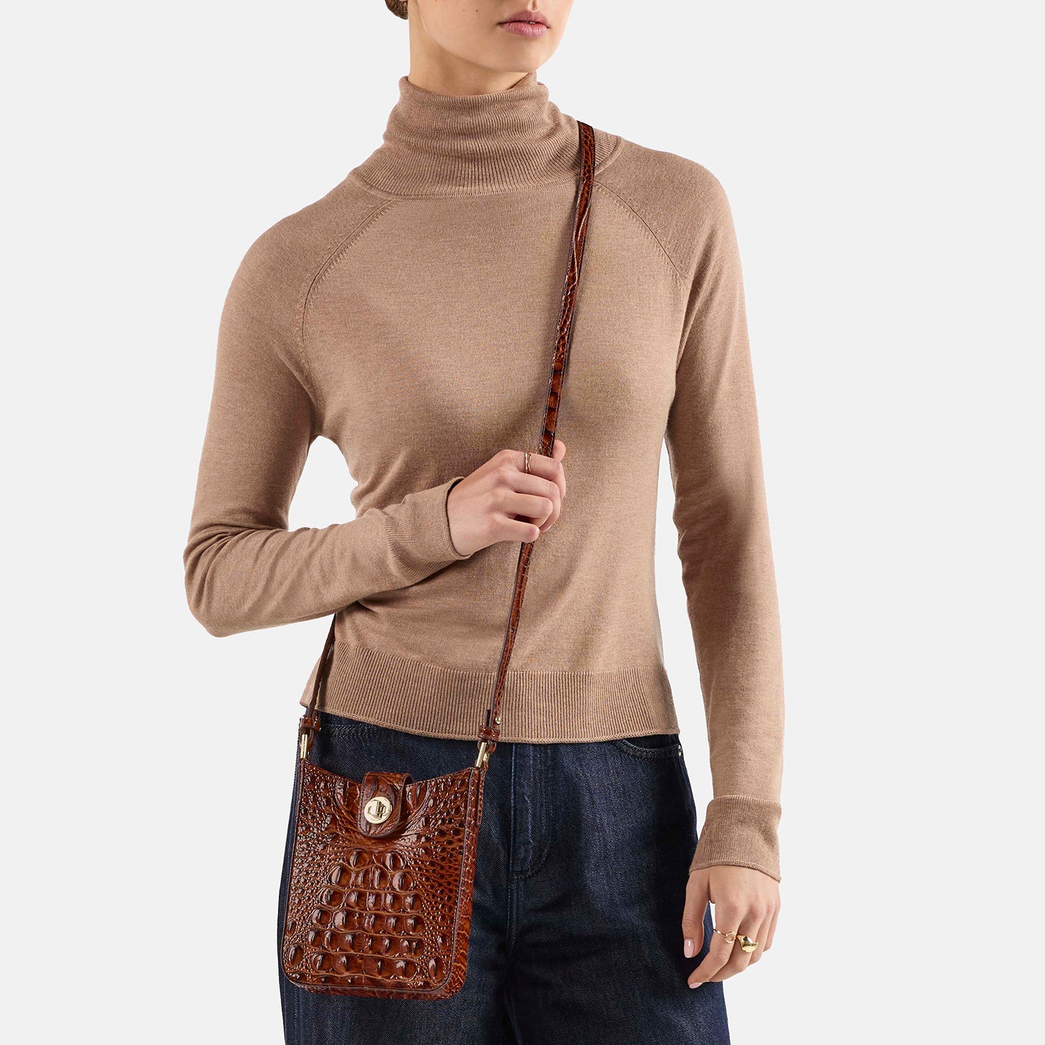 Brahmin Marley Croc Embossed Leather Crossbody Bag Pecan