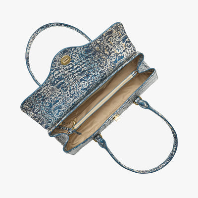 Blue Filigree Melbourne Dayan Satchel Open Top View 
