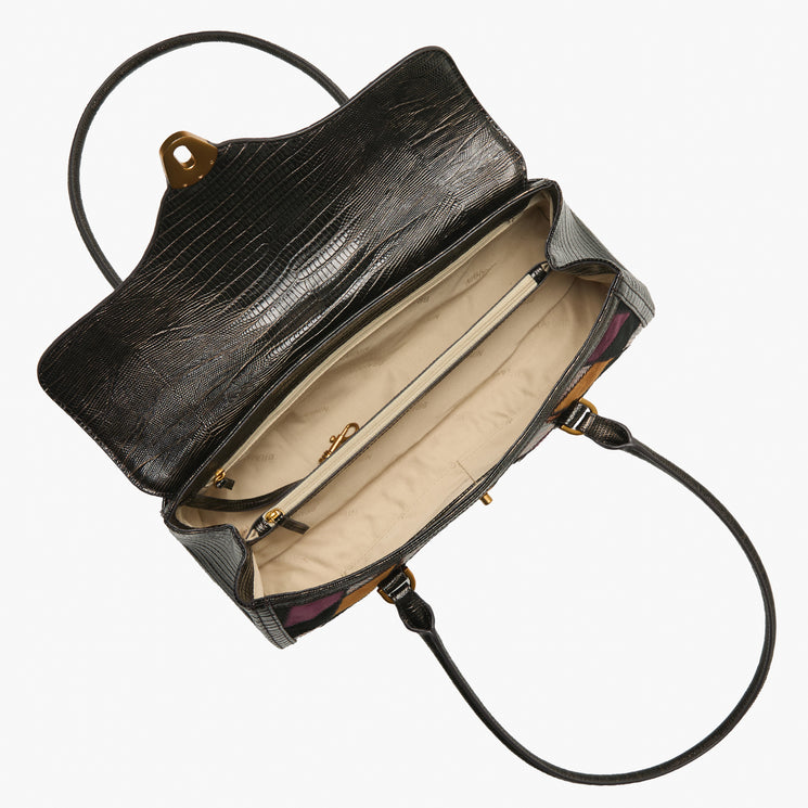 An open black textured leather handbag with a beige interior lining, gold-tone hardware, and a black shoulder strap, shown on a light gray background.