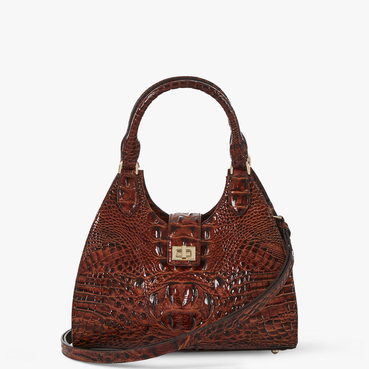 Pecan Melbourne Adrian Satchel Front View with Strap 