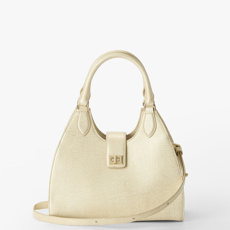 Gold All Over Lizard Adrian Satchel Front View With Strap