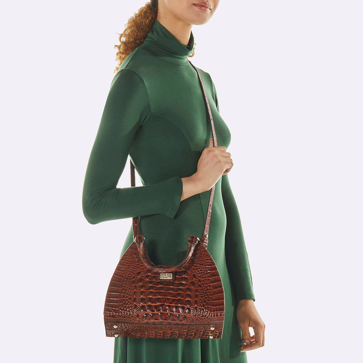 Pecan Melbourne Adrian Satchel Being Worn By Model Across the Body
