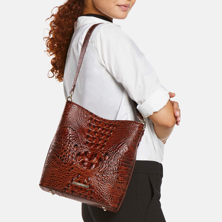 Pecan Melbourne Celina Bucket Bag Being Worn Over the Shoulder by Model

