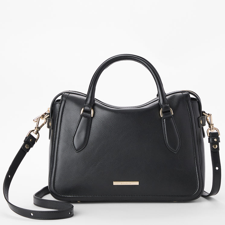 Brahmin black leather handbag with gold-tone hardware, double top handles, detachable shoulder strap, and structured silhouette, shown on a plain white background.