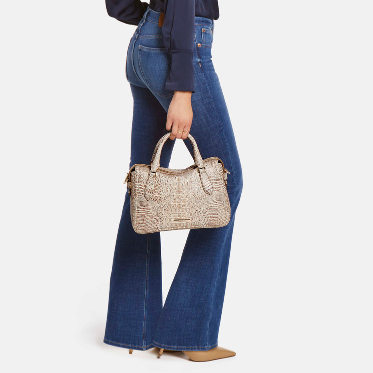 Tan Leather Micaela Satchel Being held by Woman