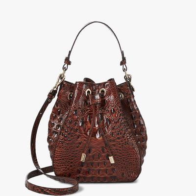 Pecan Melbourne Melinda Bucket Bag Front View with Strap 