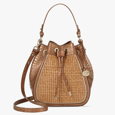 Honey Brown Sandalwood Melinda Bucket Bag Front View with Strap 
