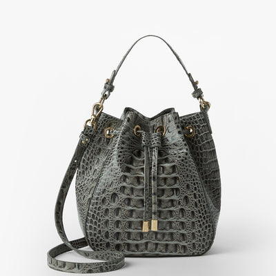 Charcoal Zinnia Melinda Bucket Bag Front View with Strap 