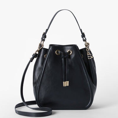 Black Nightshade Melinda Bucket Bag Front View with Strap 