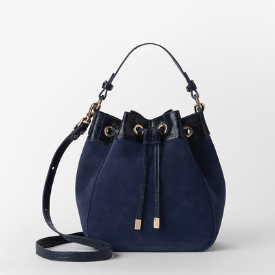 Navy Angora Melinda Bucket Bag Front View with Strap 