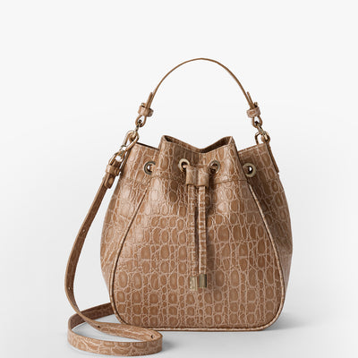 Timeless Taupe Bayem Melinda Bucket Bag Front View with Strap 