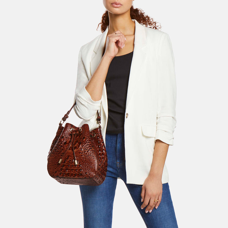 Pecan Melbourne Melinda Bucket Bag Being Worn By Model On the Arm