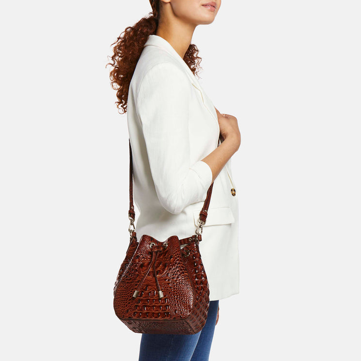 Pecan Melbourne Melinda Bucket Bag Being Worn By Model Across the Body