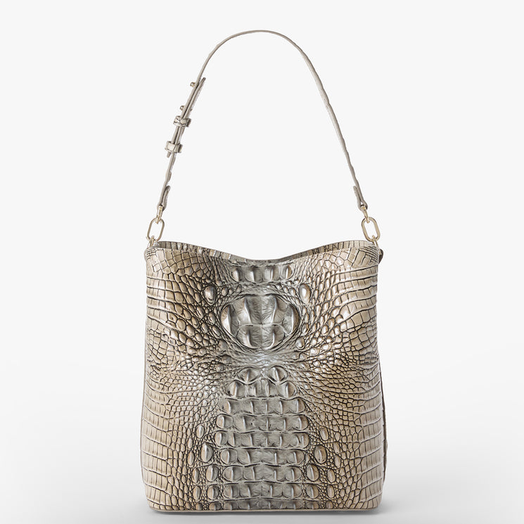 Silver metallic Celina handbag with crocodile texture on a white background. Back view.