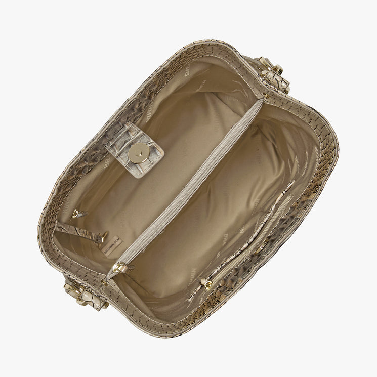 Silver metallic Celina handbag with crocodile texture on a white background. Open top view.
