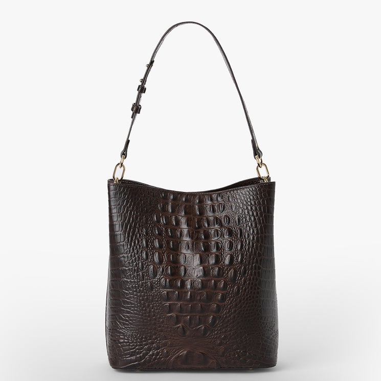 Brahmin dark brown embossed leather shoulder bag with a structured rectangular shape, adjustable strap, gold-tone hardware, and textured finish, shown against a white background.