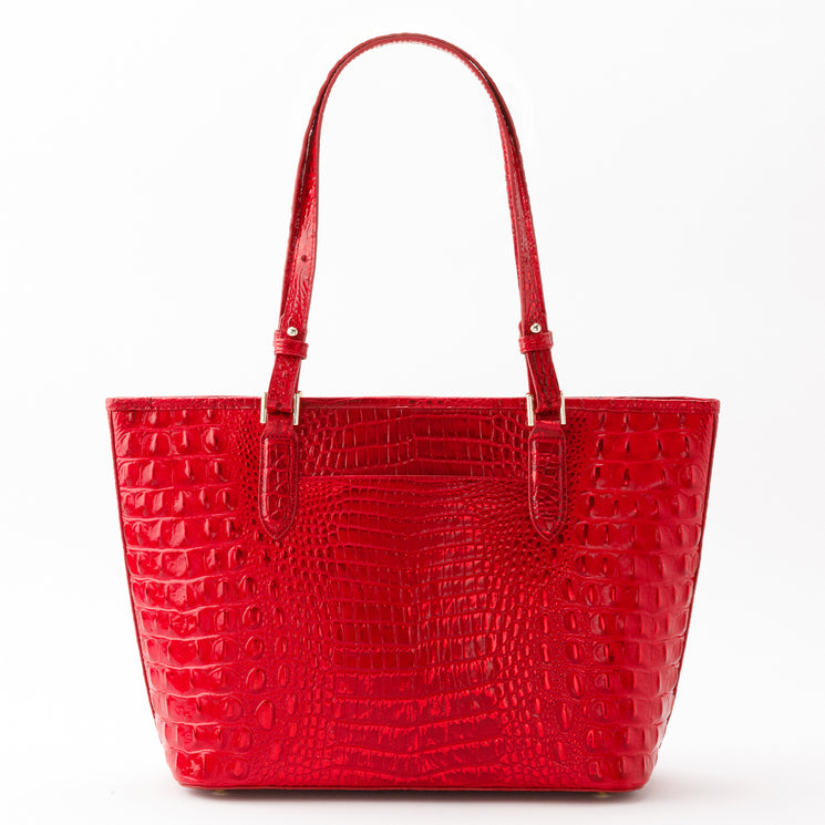 Brahmin Medium Asher tote in bright red with a glossy, embossed textured finish, gold-tone hardware, and double shoulder straps.