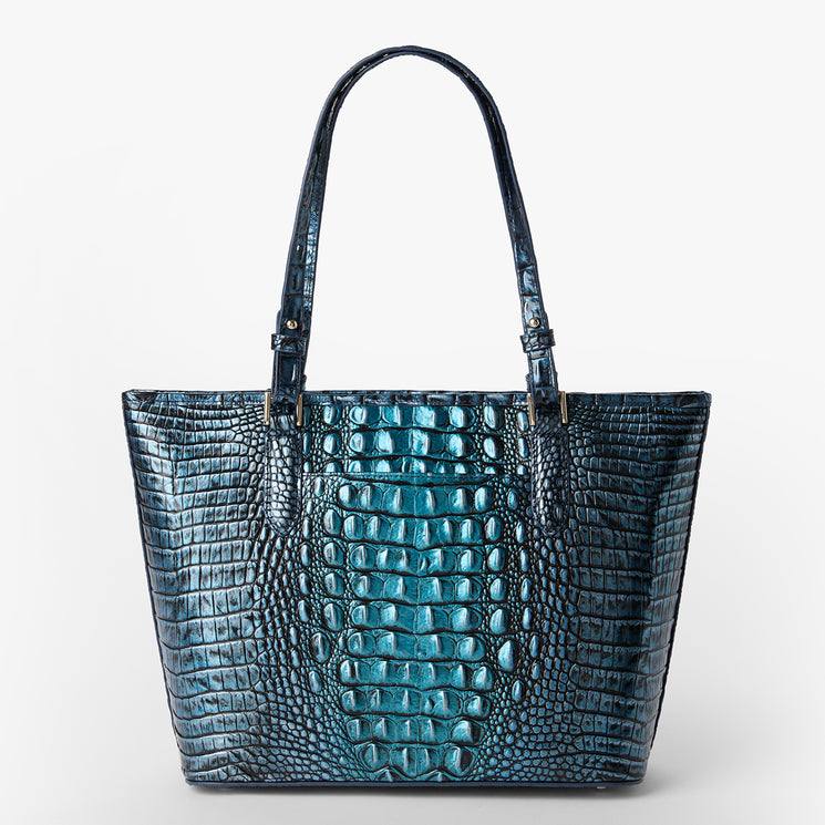 BRAHMIN Medium Asher tote in shiny Eternal Blue Ombre, featuring crocodile-embossed textured leather, silver-tone hardware, dual shoulder straps, structured silhouette, and shown upright on a white background.