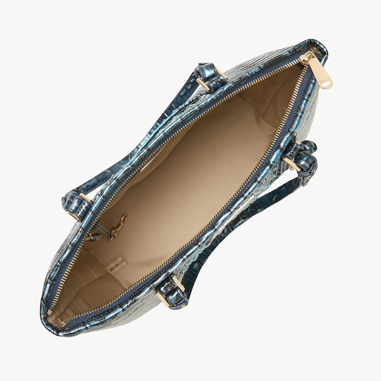 Top view of open BRAHMIN Medium Asher Tote in Eternal Blue Ombre Melbourne with textured finish, beige interior, gold-tone zipper, double handles, inner pocket, and key hook visible inside.