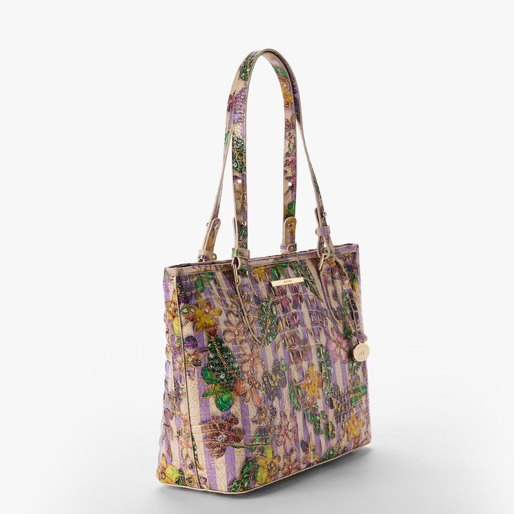 Pinstripe Petals Melbourne	Medium Asher Tote Side View