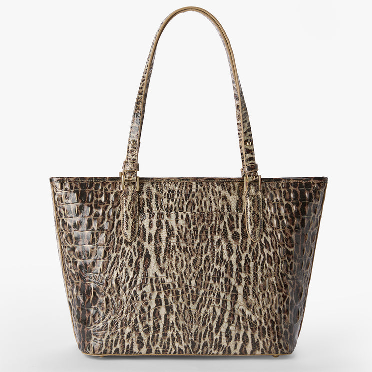 Leopard print tote bag on a white background. Medium Asher back view.